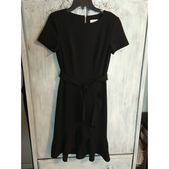 Calvin Klein Pleated Front Belted Short Sleeve Dress Sz 2 Black Classic Officey - Picture 2 of 10